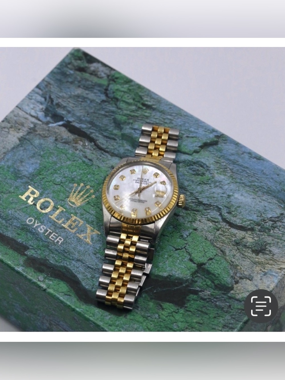 Men’s Rolex Oyster Watch with 10 Diamonds & White Face, Date, 18K Gold + Steel